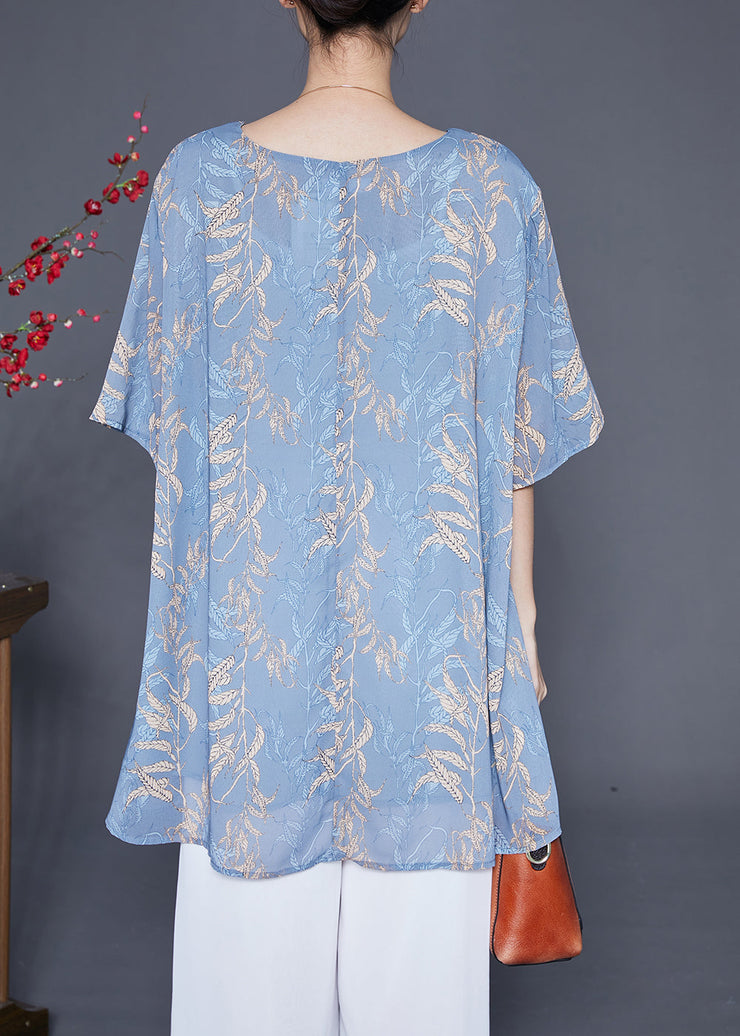 Elegant Grey Blue Oversized Print Chiffon Shirt Tops Summer