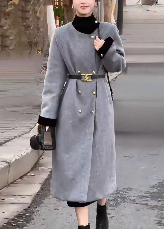 Elegant Grey Double Breast Sashes Woolen Long Coats Spring