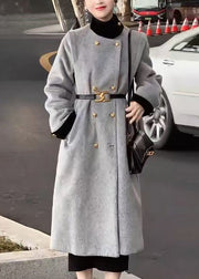 Elegant Grey Double Breast Sashes Woolen Long Coats Spring