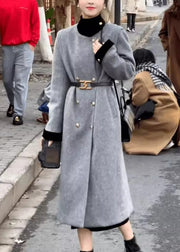 Elegant Grey Double Breast Sashes Woolen Long Coats Spring