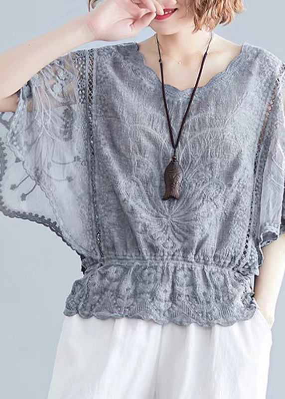 Elegant Grey Embroidered Hollow Out Cotton Top Batwing Sleeve