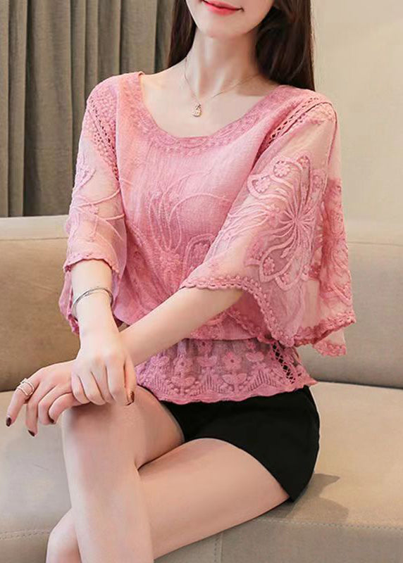 Elegant Grey Embroidered Hollow Out Cotton Top Batwing Sleeve
