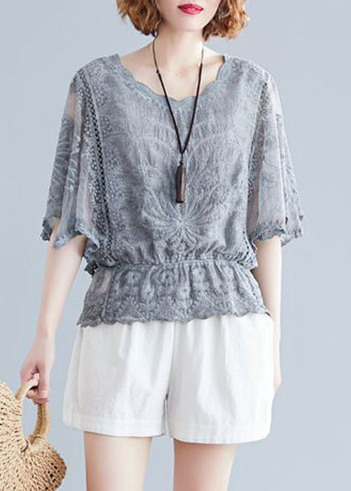 Elegant Grey Embroidered Hollow Out Cotton Top Batwing Sleeve