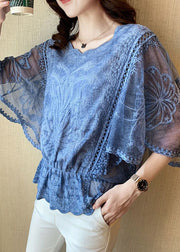 Elegant Grey Embroidered Hollow Out Cotton Top Batwing Sleeve
