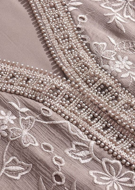 Elegant Grey Embroidered Nail Bead Patchwork Silk Dress Half Sleeve