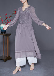 Elegant Grey Embroideried Tie Waist Silk Maxi Dresses Spring