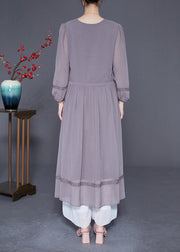 Elegant Grey Embroideried Tie Waist Silk Maxi Dresses Spring