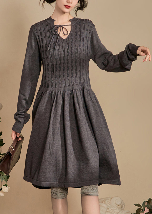 Elegant Grey Lace Up Solid Knit Dresses Spring