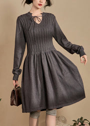 Elegant Grey Lace Up Solid Knit Dresses Spring