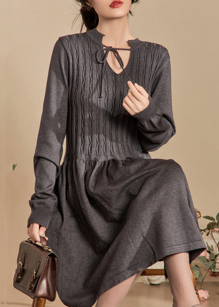 Elegant Grey Lace Up Solid Knit Dresses Spring