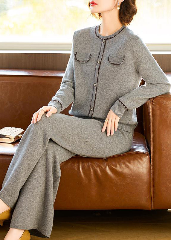 Elegant Grey O Neck Tops And Pants Wool Two Pieces Set Spring