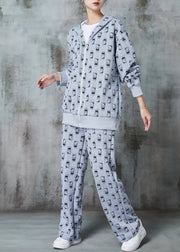 Elegant Grey Oversized Cat Print Cotton Two Pieces Set Spring