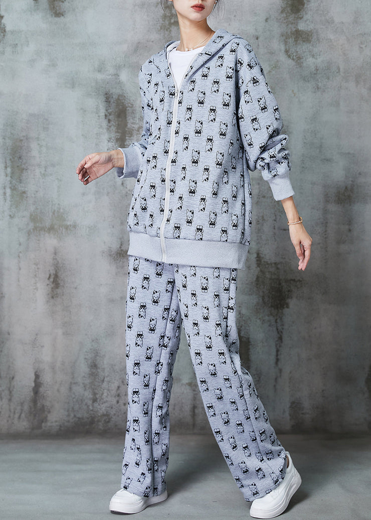 Elegant Grey Oversized Cat Print Cotton Two Pieces Set Spring