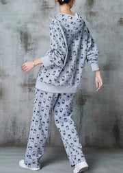 Elegant Grey Oversized Cat Print Cotton Two Pieces Set Spring