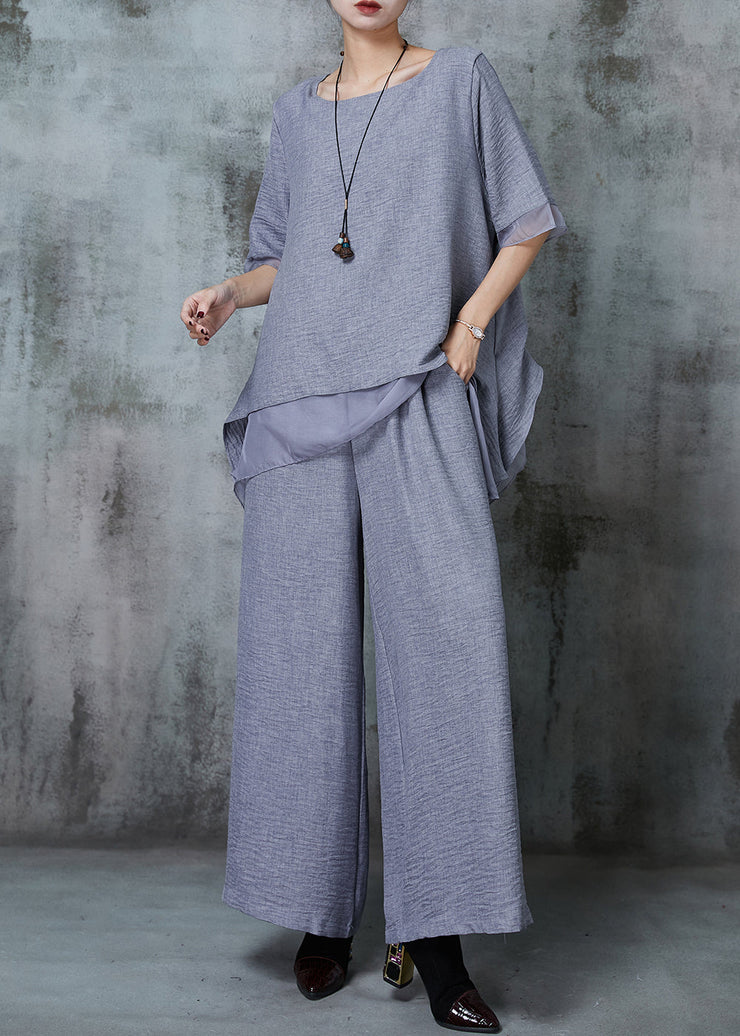 Elegant Grey Oversized Patchwork Linen Two Pieces Set Summer