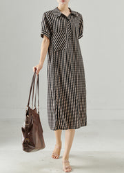 Elegant Grey Peter Pan Collar Plaid Cotton Dress Summer