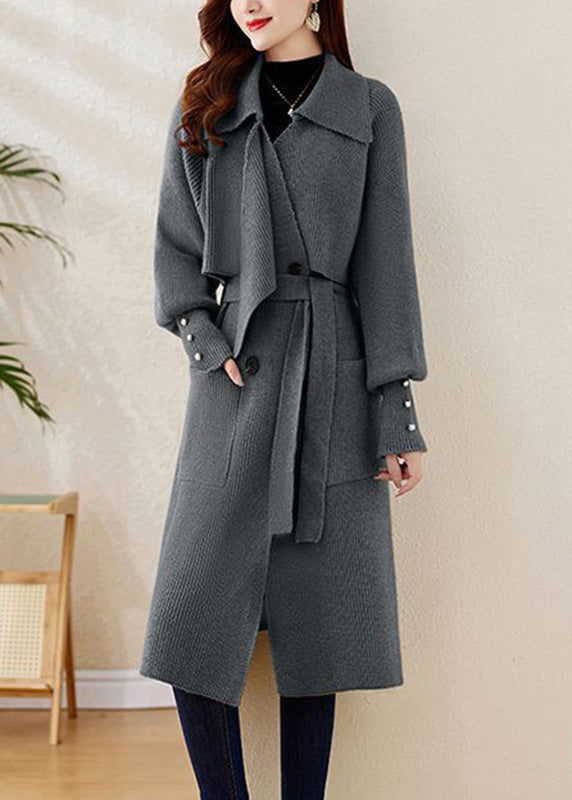 Elegant Grey Peter Pan Collar Tie Waist Knit Coats Spring