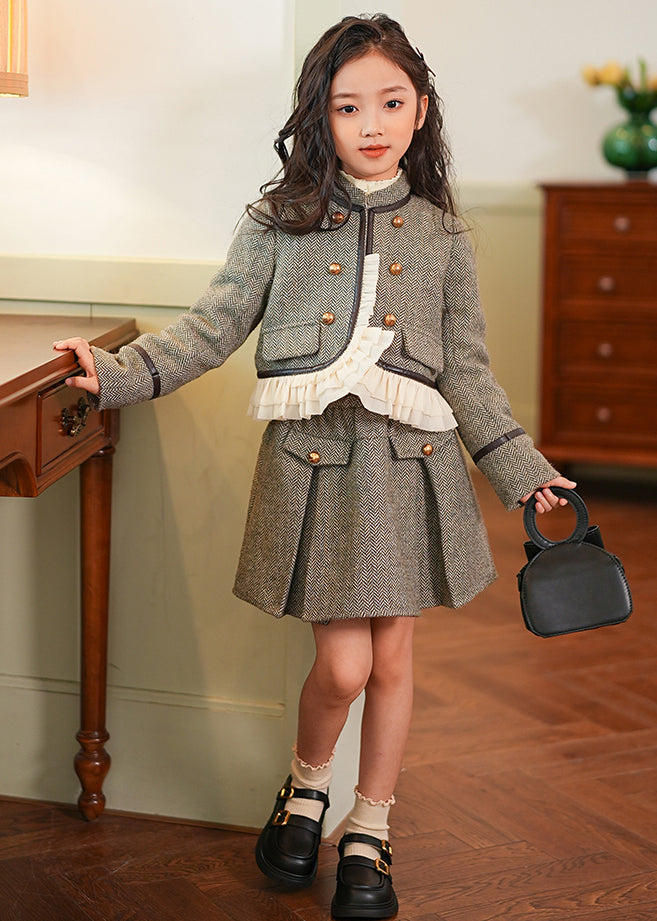 Elegant Grey Ruffled Patchwork Button Thick Kids Coat And Skirts Two Piece Set Spring