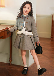 Elegant Grey Ruffled Patchwork Button Thick Kids Coat And Skirts Two Piece Set Spring