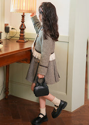 Elegant Grey Ruffled Patchwork Button Thick Kids Coat And Skirts Two Piece Set Spring