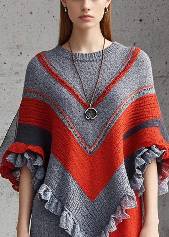 Elegant Grey Ruffled Patchwork Knitted Dress Batwing Sleeve