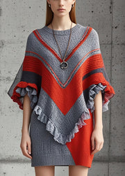 Elegant Grey Ruffled Patchwork Knitted Dress Batwing Sleeve