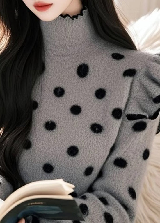 Elegant Grey Ruffled Patchwork Knitted Sweaters Tops Spring