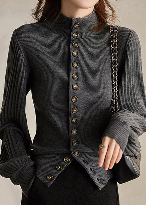 Elegant Grey Stand Collar Button Knit Top Lantern Sleeve