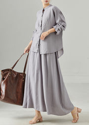 Elegant Grey Stand Collar Cotton Tops And Skirts Two Pieces Set Fall