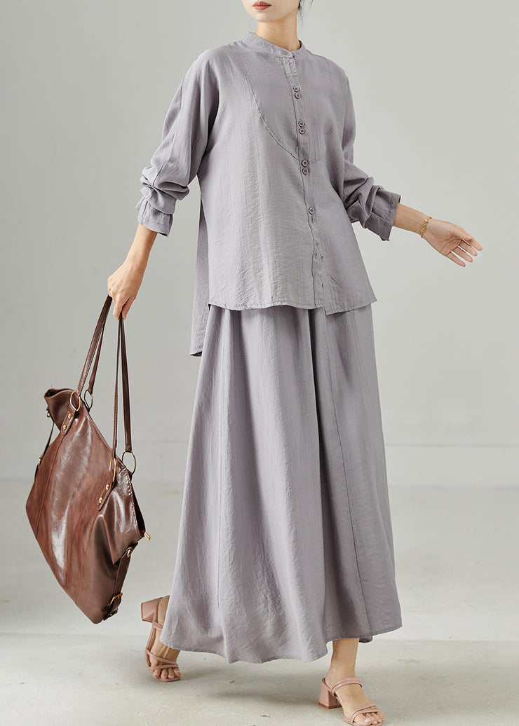 Elegant Grey Stand Collar Cotton Tops And Skirts Two Pieces Set Fall