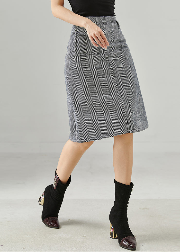 Elegant Grey Striped Pocket Cotton Wraped Skirts Fall