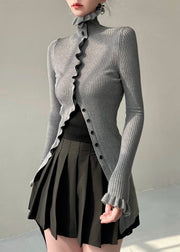 Elegant Grey Turtleneck Button Knit Sweater Butterfly Sleeve