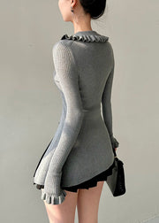 Elegant Grey Turtleneck Button Knit Sweater Butterfly Sleeve