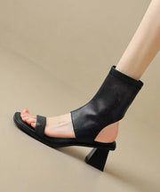 Elegant Hollow Out Chunky Sandals Black Cowhide Leather