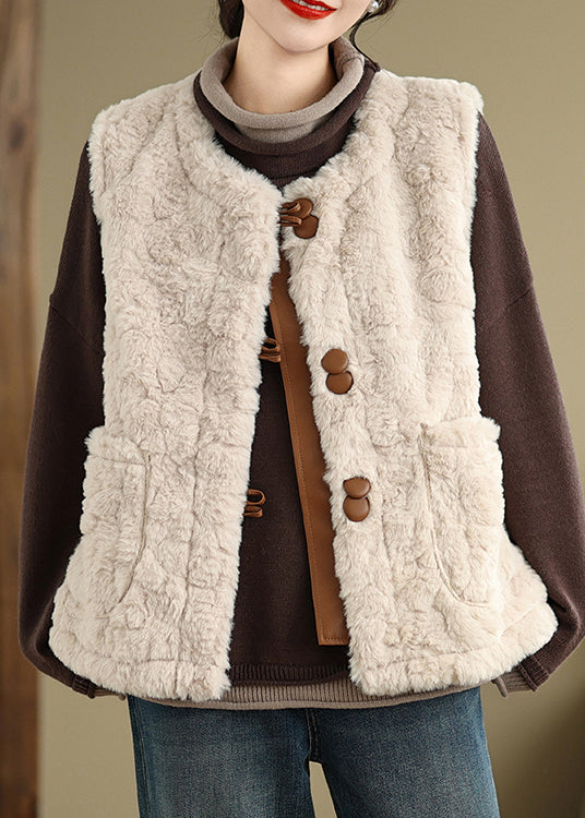 Elegant Khaki Button Pockets Teddy Faux Fur Waistcoat Sleeveless