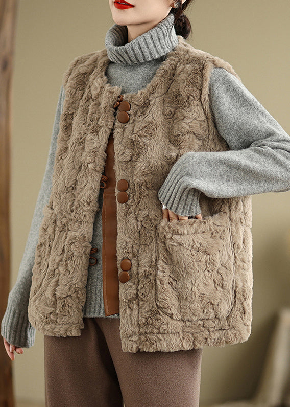 Elegant Khaki Button Pockets Teddy Faux Fur Waistcoat Sleeveless