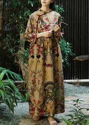 Elegant Khaki Button Print Patchwork Cotton Long Dresses Fall