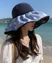 Elegant Khaki Dot Print Patchwork Straw Woven Floppy Sun Hat