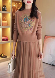 Elegant Khaki Embroidered Tulle Patchwork Knit Two Pieces Set Winter