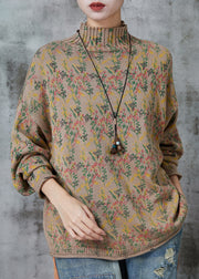 Elegant Khaki High Neck Print Knit Sweaters Spring
