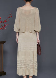 Elegant Khaki Hollow Out Knit Dress Two-Piece Set Spring