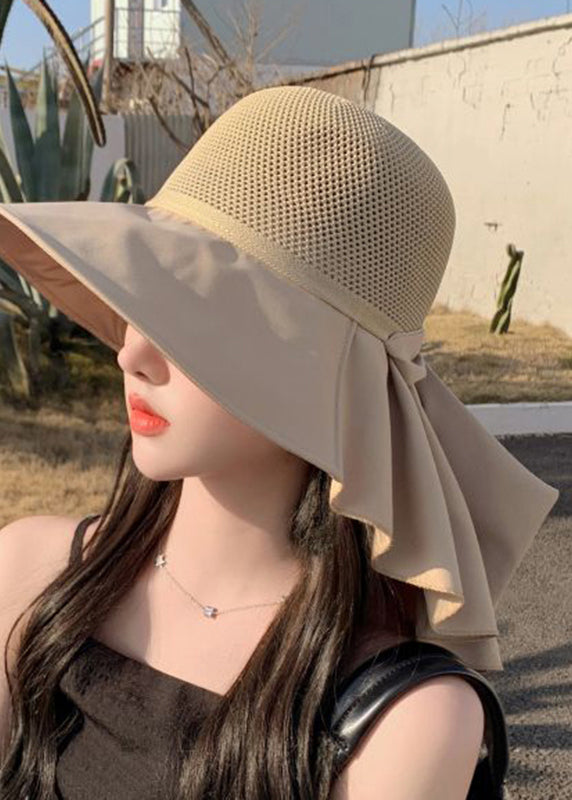 Elegant Khaki Hollow Out Patchwork Floppy Sun Hat