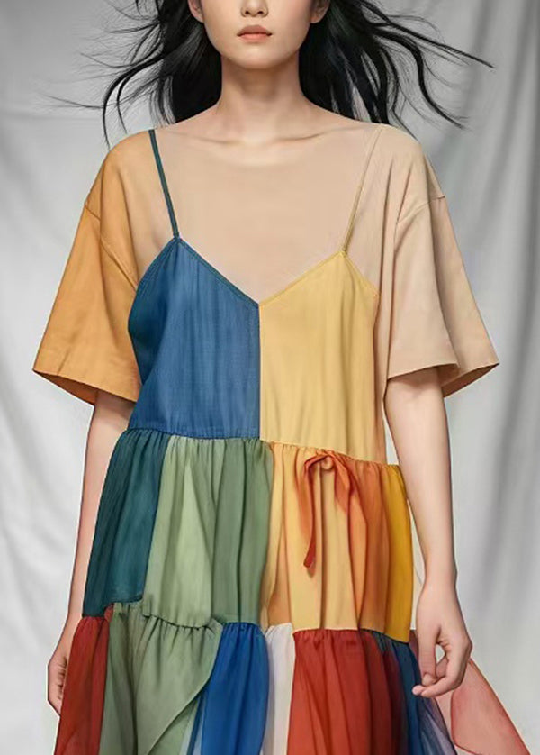 Elegant Khaki Layered Patchwork Tulle Cotton Long Dress Summer