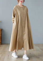 Elegant Khaki O-Neck Button Cotton Long Shirts Dress Long Sleeve