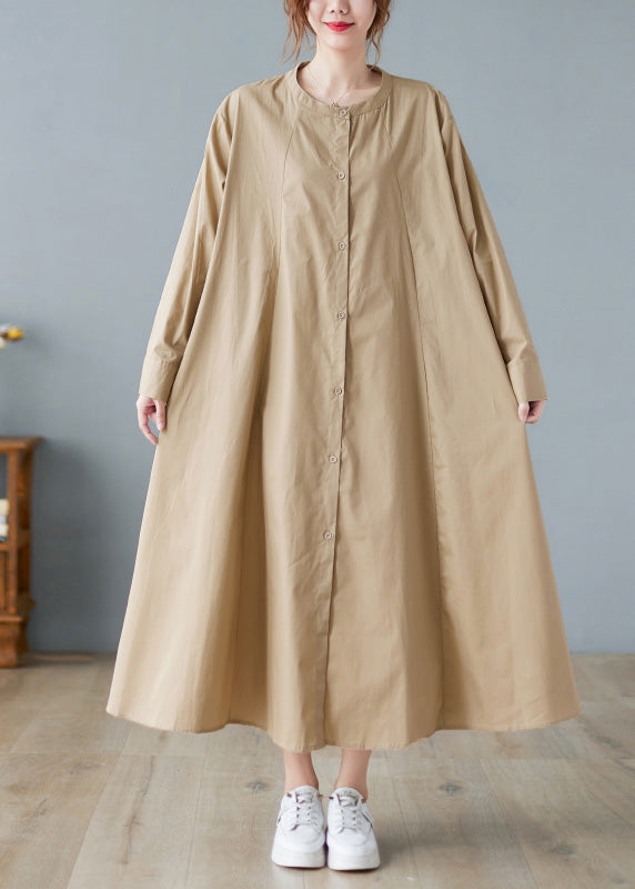 Elegant Khaki O-Neck Button Cotton Long Shirts Dress Long Sleeve