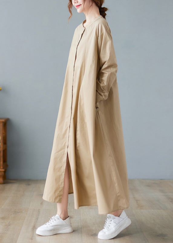 Elegant Khaki O-Neck Button Cotton Long Shirts Dress Long Sleeve