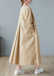 Elegant Khaki O-Neck Button Cotton Long Shirts Dress Long Sleeve