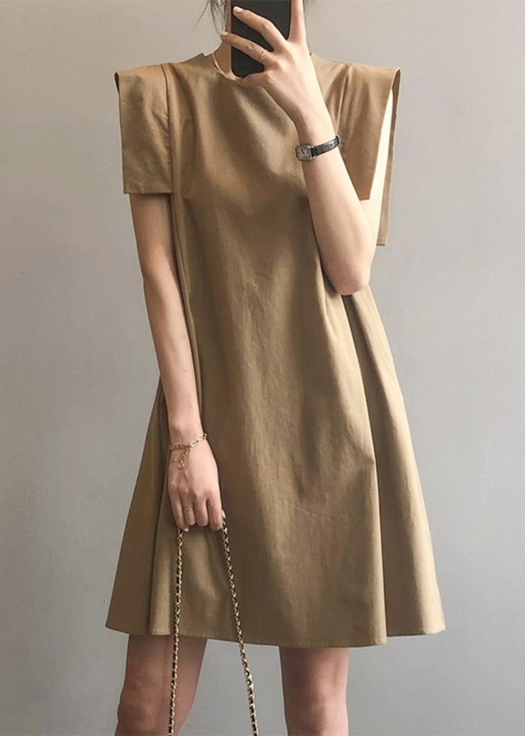 Elegant Khaki O-Neck Cotton Day Dress Sleeveless