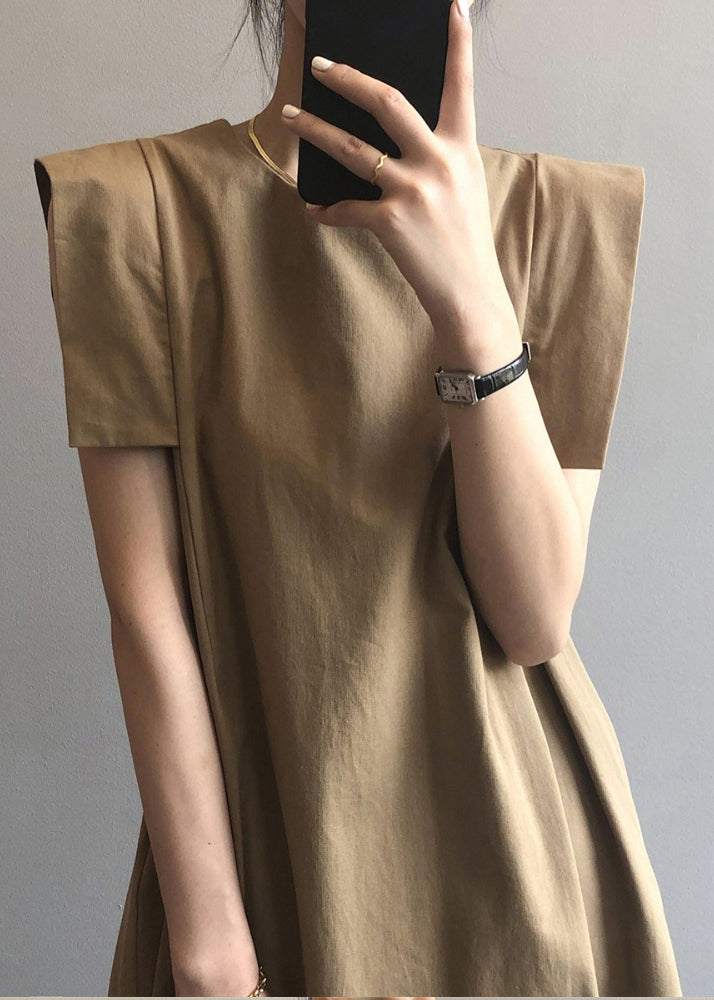 Elegant Khaki O-Neck Cotton Day Dress Sleeveless