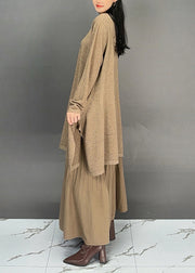 Elegant Khaki O Neck Cotton Two Pieces Set Fall